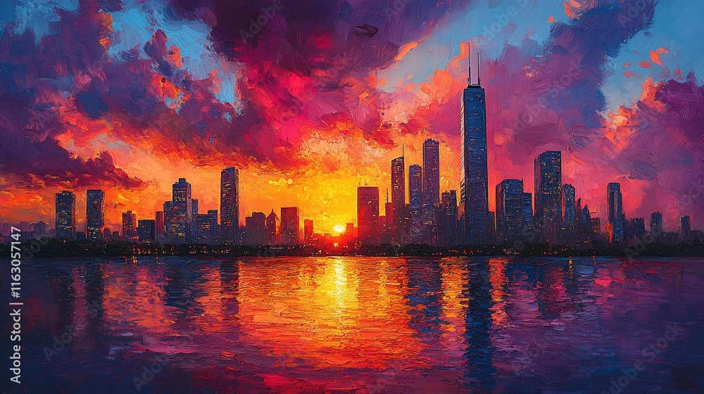 Obraz premium Vibrant Cityscape Sunset Painting Impasto Style