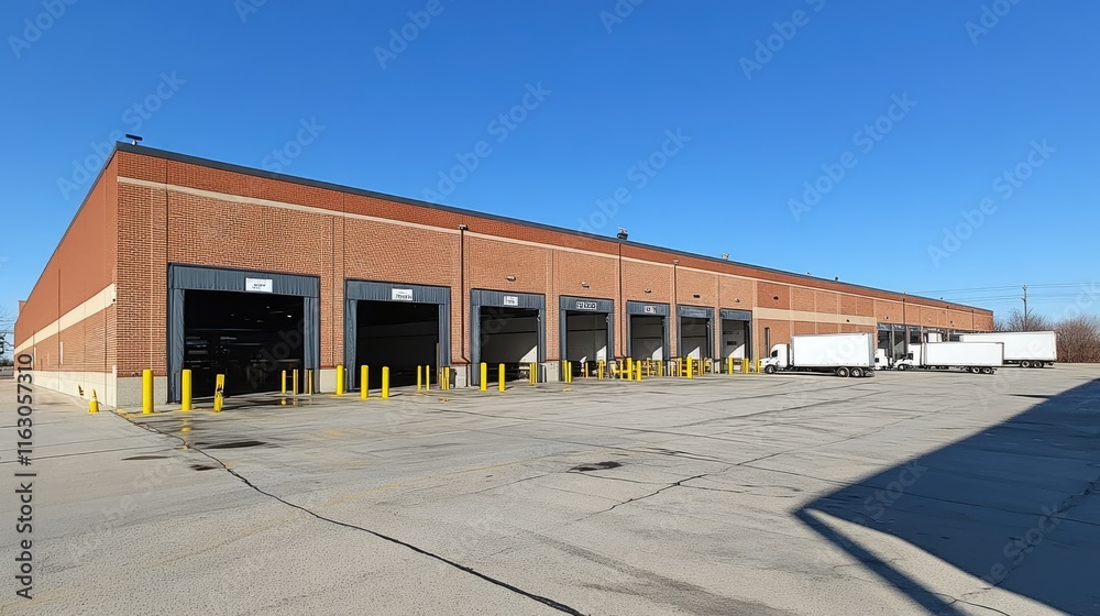 Naklejka premium Modern Distribution Center with Loading Docks and Trucks on a Sunny Day