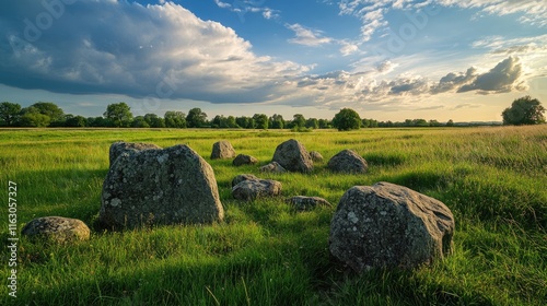 Sunset Over Castlerigg Stone Circle: Majestic Standing Stones Amidst Lake District's Vibrant Blue and Green Landscape photo