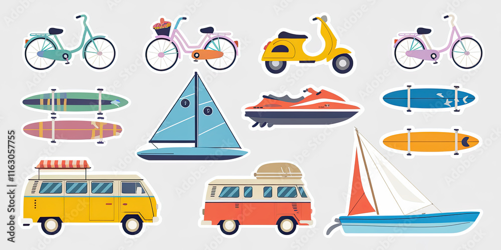 Naklejka premium Summer Vacation Bikes Scooters Surfboards Sailboats Vans