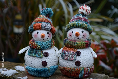 Joyful snowmen adorned in knitted hats and scarves embracing winter s snowy bliss in the background photo