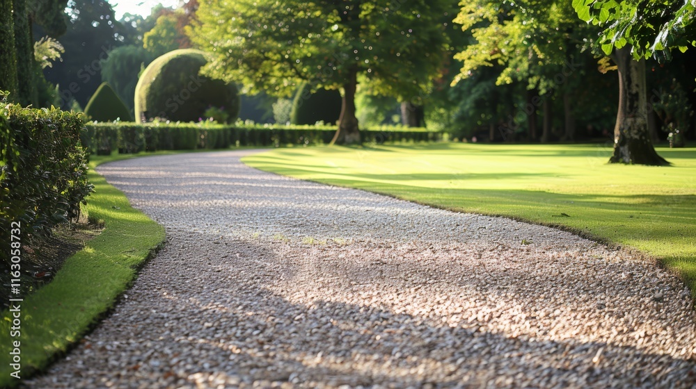 Fototapeta premium Scenic empty gravel path meandering through vibrant green fields on a bright sunny day
