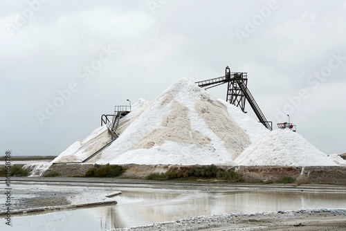Industrial scene of aigues mortes saltworks  salt mountain and machinery in french marshes