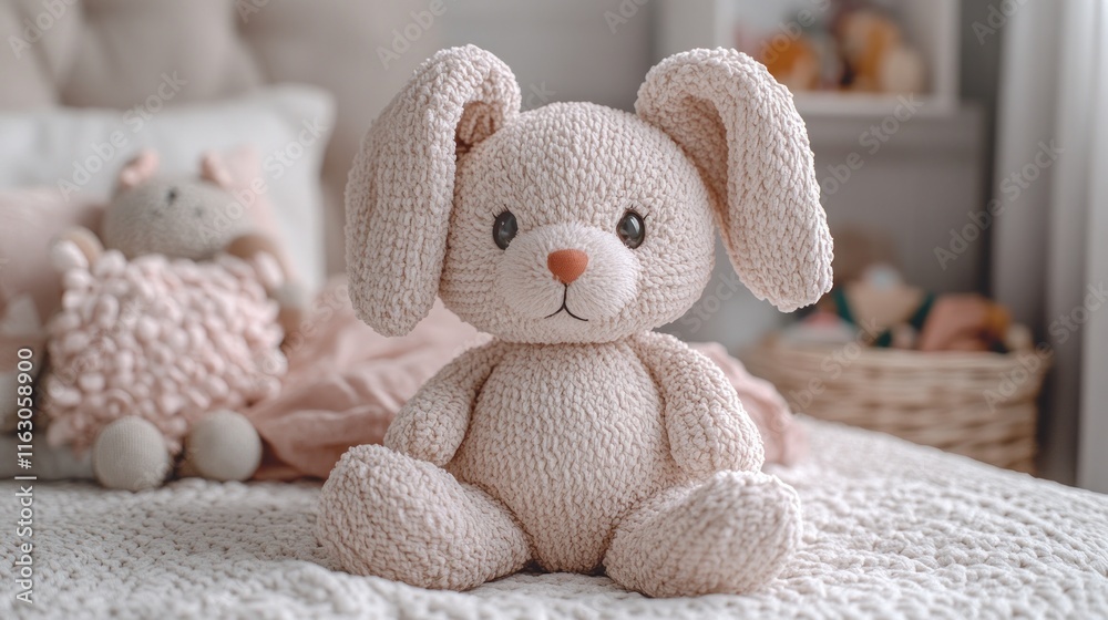 Fototapeta premium Adorable knitted bunny toy on a bed.