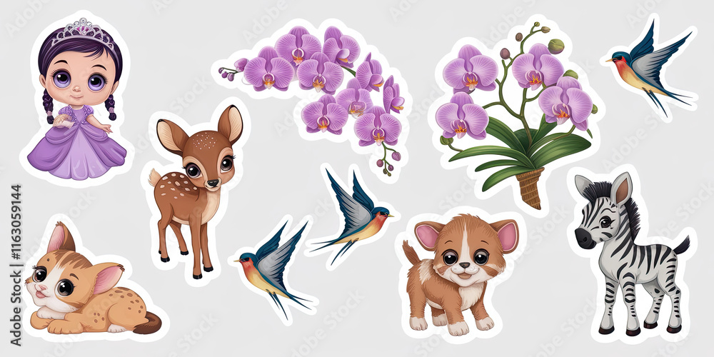 Naklejka premium Adorable Cartoon Animals Princess Orchids Cute Stickers