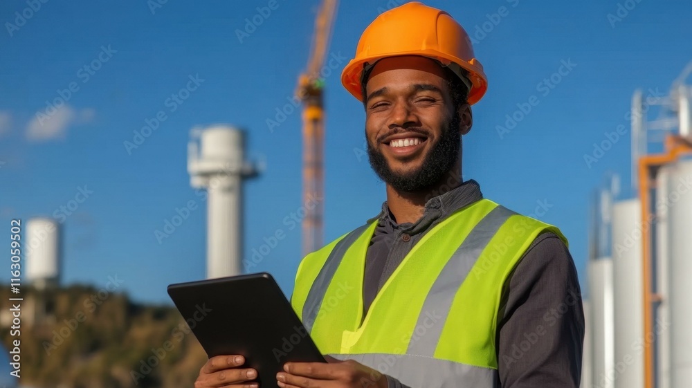 Smiling black male construction worker wearing safety helmet and reflective vest, holding tablet, overseeing industrial site progress, enjoying job satisfaction in sunny environment. Smiling black male construction worker wearing safety helmet and reflective vest, holding tablet, overseeing industrial site progress, enjoying job satisfaction in sunny environment.
