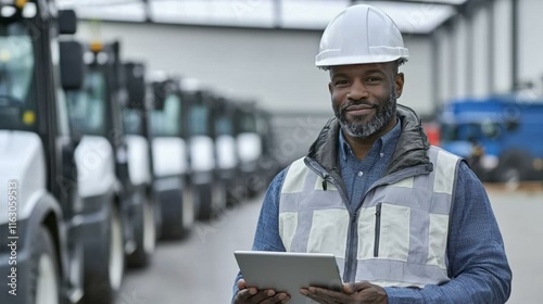 Confident African American male construction manager wearing hard hat and safety vest, holding digital tablet, overseeing fleet of vehicles in warehouse, ensuring project efficiency and safety.