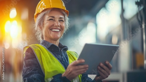 Smiling older woman in hard hat using tablet at construction site