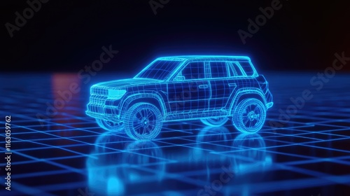 A glowing blue hologram of an SUV car on a grid background, in futuristic vehicle concept. Future transportation. Futuristic autonomous car. Driverless autonomous vehicle. Self-driving car technology.