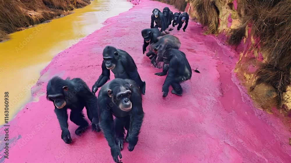 a group of apes in the pink floor