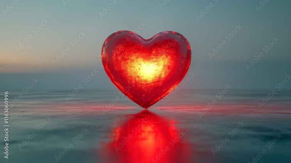 Fototapeta premium Glowing Red Glass Heart Reflects On Calm Water
