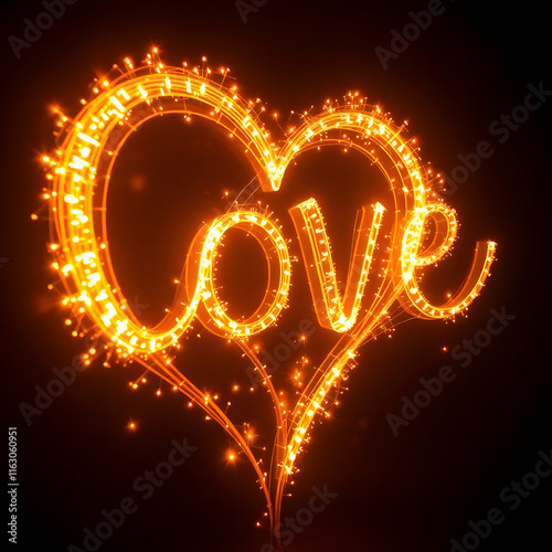 Radiant Light Art Depicting “Love” word in a heart  in Warm Golden Tones, fireworks, neon, black background