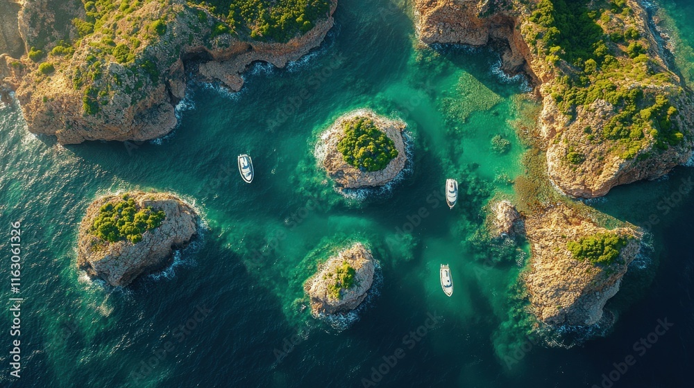 Aerial view of turquoise ocean, rocky islands, and yachts. Aerial view of turquoise ocean, rocky islands, and yachts.