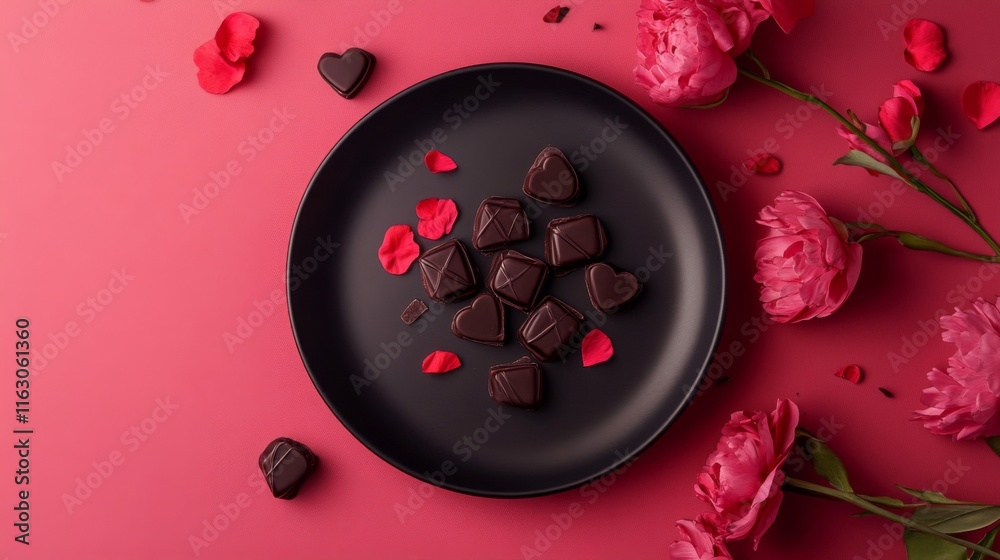 Dark Chocolates and Pink Peonies on a Plate Dark Chocolates and Pink Peonies on a Plate