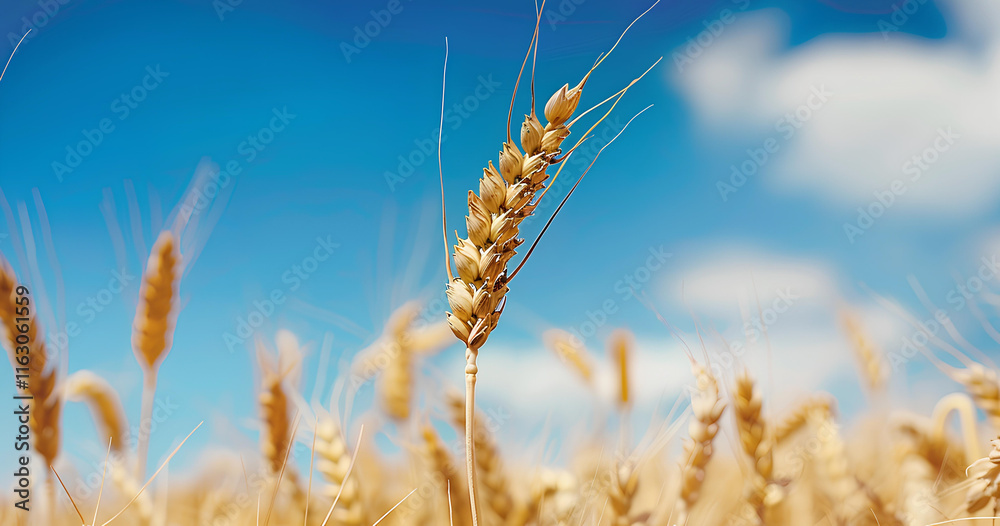 Golden wheat swaying gently under a blue sky with fluffy clouds, showcasing the beauty of agricultural fields during a sunny day Golden wheat swaying gently under a blue sky with fluffy clouds, showcasing the beauty of agricultural fields during a sunny day