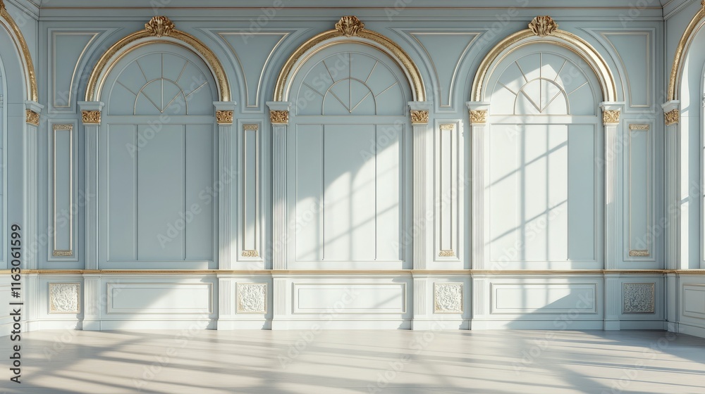Fototapeta premium Elegant Classic Interior: Sunlight streams through arched windows into a luxurious space with ornate pale blue and white paneling, gold accents, and a polished floor.