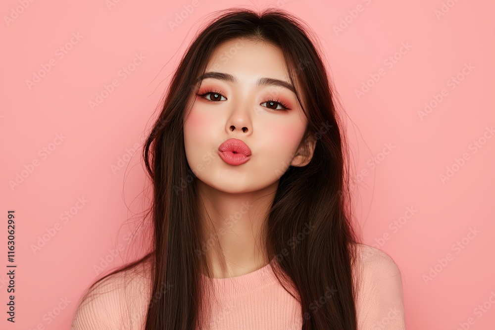 Young asian woman makes playful kiss expression against pink background