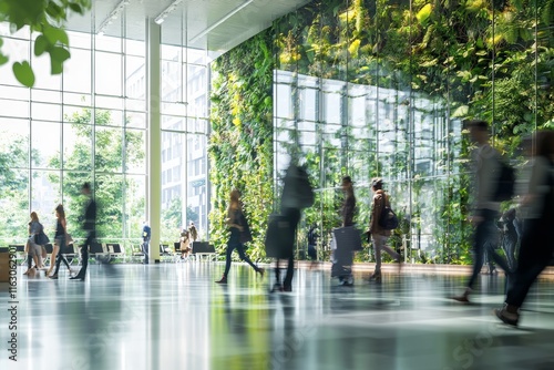 Dynamic modern office lobby with motion blur, lush greenery, and eco friendly atmosphere photo