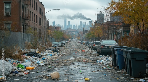 Urban Decay: A City Street Suffocated by Garbage, Pollution Looms in the Distance photo