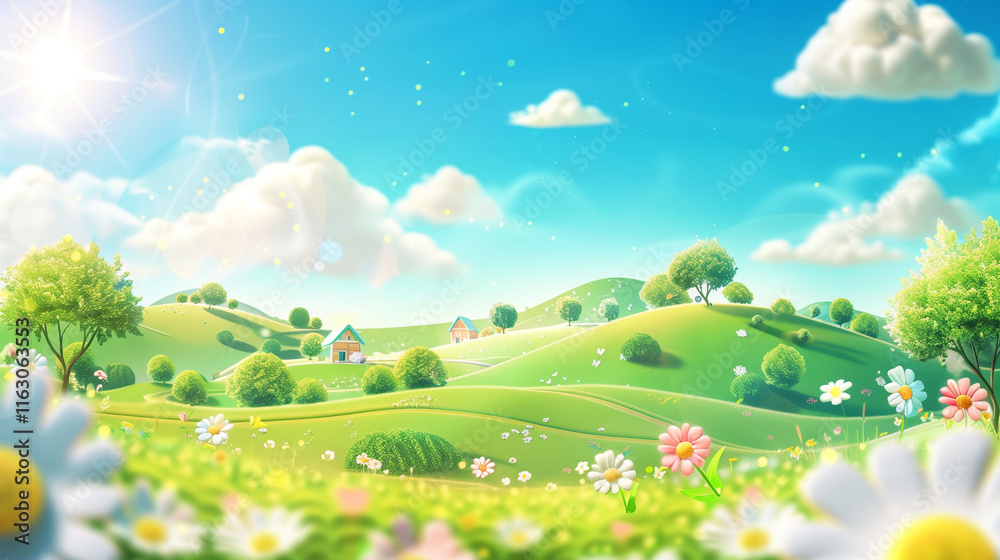 Fototapeta premium Vibrant Summer Landscape Illustration with Rolling Hills, Trees, and Flower Fields Under a Sunny Sky