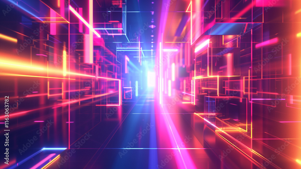 Futuristic Neon Tunnel Illustration with Vibrant Colors and Geometric Shapes Futuristic Neon Tunnel Illustration with Vibrant Colors and Geometric Shapes