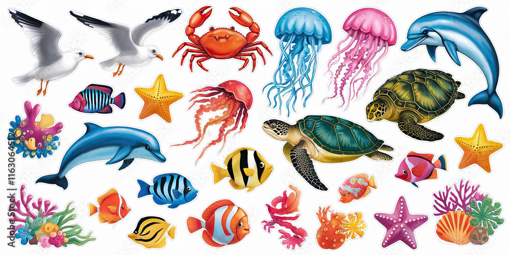 Obraz premium Colorful Ocean Animals Dolphins Turtles Jellyfish Fish Seagulls Crab Starfish Coral