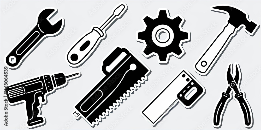 Obraz premium Black White Tools Icons Wrench Saw Hammer Drill Pliers Screwdriver Gear