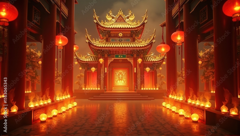 Fototapeta premium A lone figure walking toward a traditional Chinese gate illuminated by vibrant red lanterns and surrounded by fog, creating a mysterious and cultural ambiance. Generative, AI,
