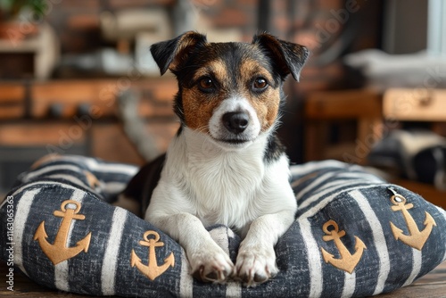 Dog inside a maritime striped bed with anchor motif photo