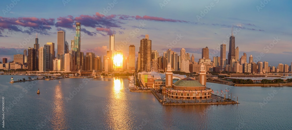 Obraz premium Chicago skyline at sunrise, reflecting on the water. Stunning aerial view of the city's iconic architecture and Navy Pier. Golden hour light. Navy Pier, Chicago, Illinois, United States