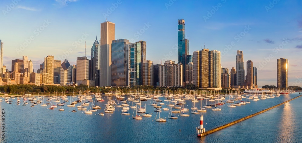 Fototapeta premium Chicago skyline at sunrise, with numerous sailboats moored in the harbor. Beautiful morning light. Monroe Harbor, Chicago, Illinois, United States