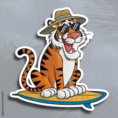 A sticker of a cartoon tiger wearing sunglasses and a hat sits on a surfboard. Generative AI photo