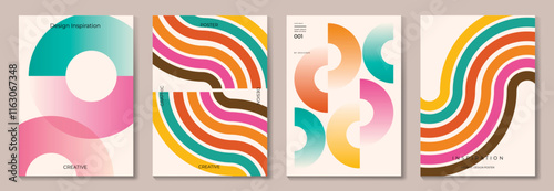 Collection of 70s poster background vector. Set of retro wall decoration, groovy, trippy, colorful line. Vintage hippie wall art for interior, decorative, banner, cover, card.