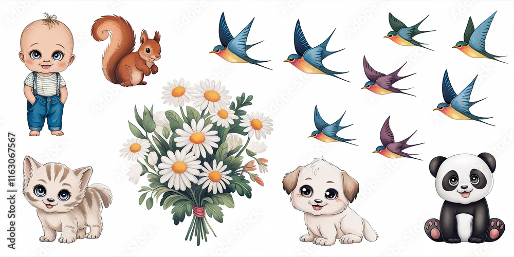 Obraz premium Adorable Baby Pets Flowers Illustration Cute Animals Birds and Daisies