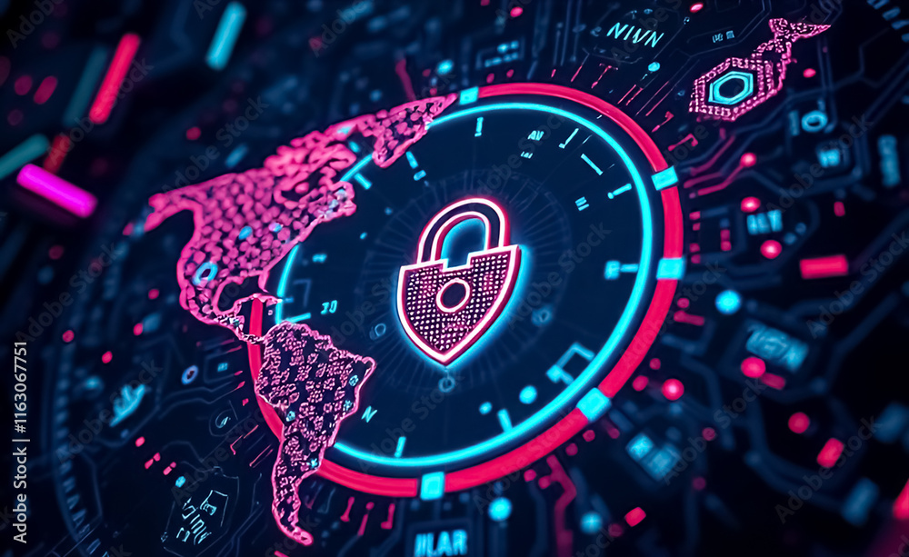 Fototapeta premium The glowing padlock symbol, surrounded by a network of intricate circuit board patterns, with a stylized world map in the background. Concept a digital representation of global cybersecurity