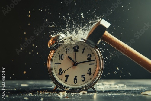 Urgent sale  hammer breaking alarm clock symbolizes last chance for limited time promotion offer