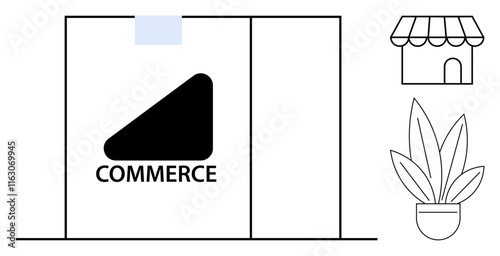 Storefront labeled Commerce, a store icon, and a potted plant. Ideal for business concepts, retail, shopping, small businesses, entrepreneurship urban setup and economic growth. Abstract line flat