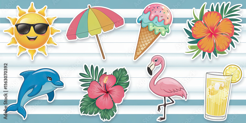 Naklejka premium Summer Fun Stickers Sun Beach Flamingo Ice Cream Dolphin