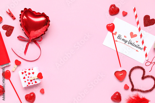 Composition with greeting card, gift box and different decor for Valentine's Day celebration on pink background