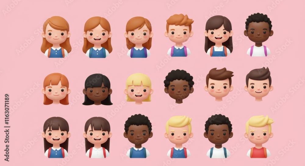 Diverse cartoon character faces: multicultural kids 3d avatars on pastel background Diverse cartoon character faces: multicultural kids 3d avatars on pastel background