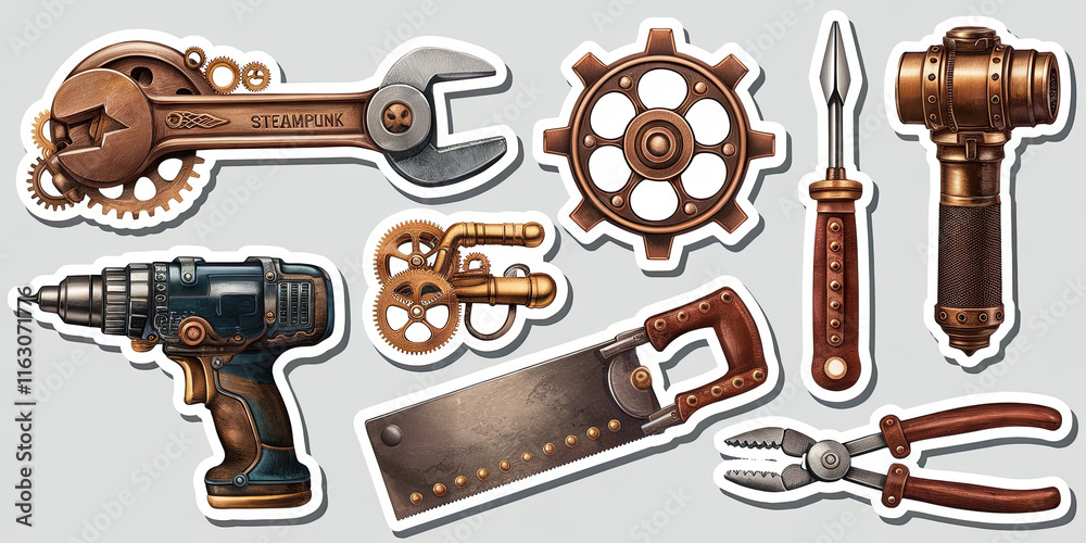 Obraz premium Steampunk Tools Cogs Gears and Gadgets Vintage Industrial Design Stickers