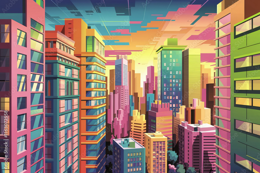 Obraz premium Abstract neon cityscape buildings - Social Media. Blank template. Design illustration. Space for copy. Conceptual. Flowing. Abstract background. Elegant. Corporate. Marketing. Poster.