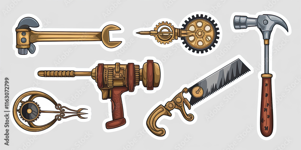 Fototapeta premium Steampunk Tools Wrench Hammer Saw Drill Gears Craftsmanship Illustration