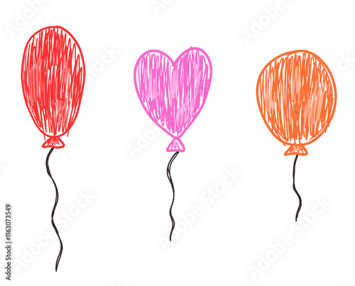 Holiday balloons drawing with crayon. Vector childlike illustration