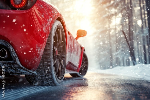 Hyper realistic close up of a red sports car s rear wheel on a snowy road amidst a winter forest photo