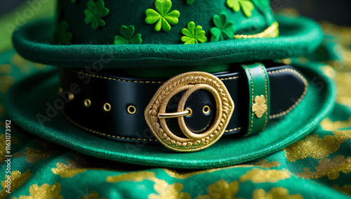 A detailed photograph of a green leprechaun hat decorated with gold clovers and a black belt on a festive background. photo