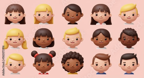 Diverse cartoon characters smiling on pastel background