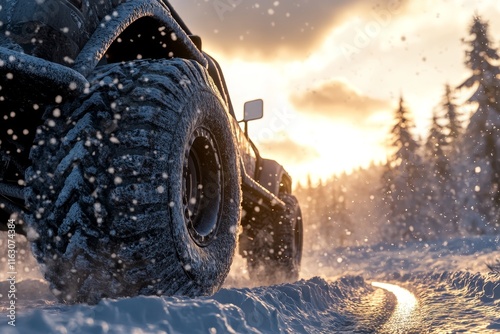 Off road vehicle navigates snowy terrain, leaving tracks amidst a winter pine forest scene photo