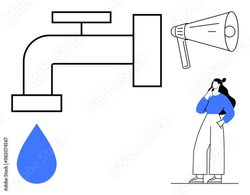 Woman in blue contemplating a giant faucet with a droplet and a megaphone, thinking about water use and communication. Ideal for decision-making, problem-solving, sustainability, conservation, public