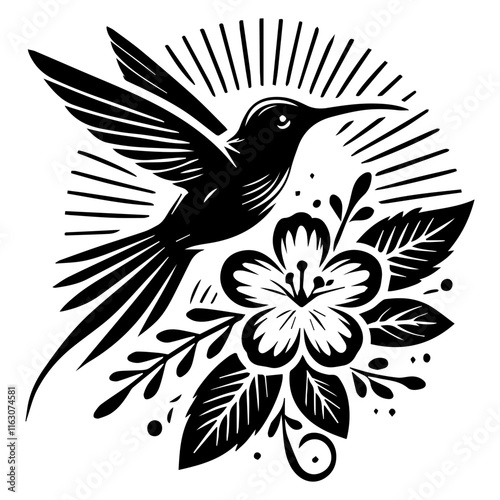 Black and white vector hummingbird and flower logo on a white background.